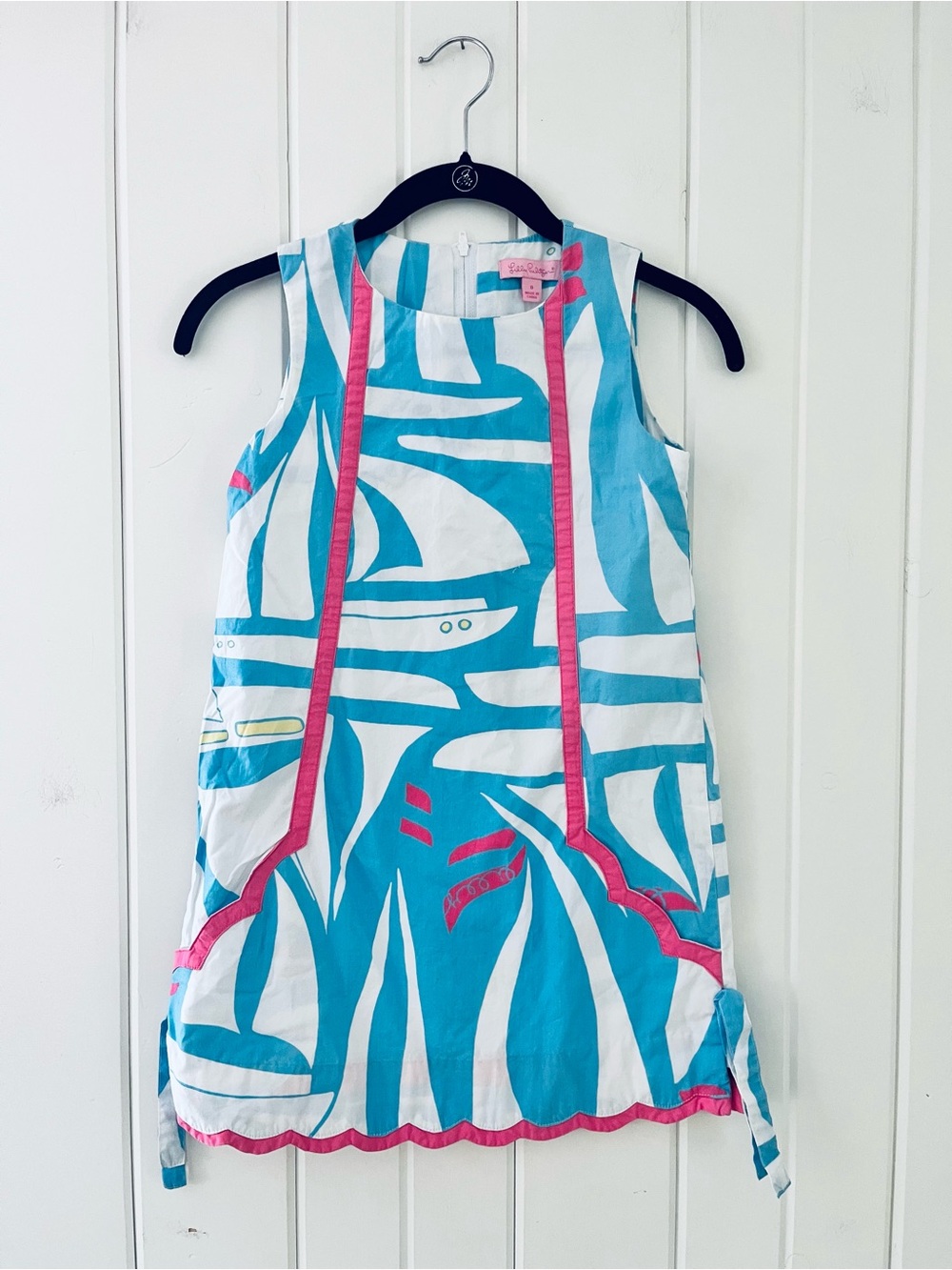 Lilly Pulitzer Turquoise & White Sleeveless Shift Dress with Pink Trim, Sz 8